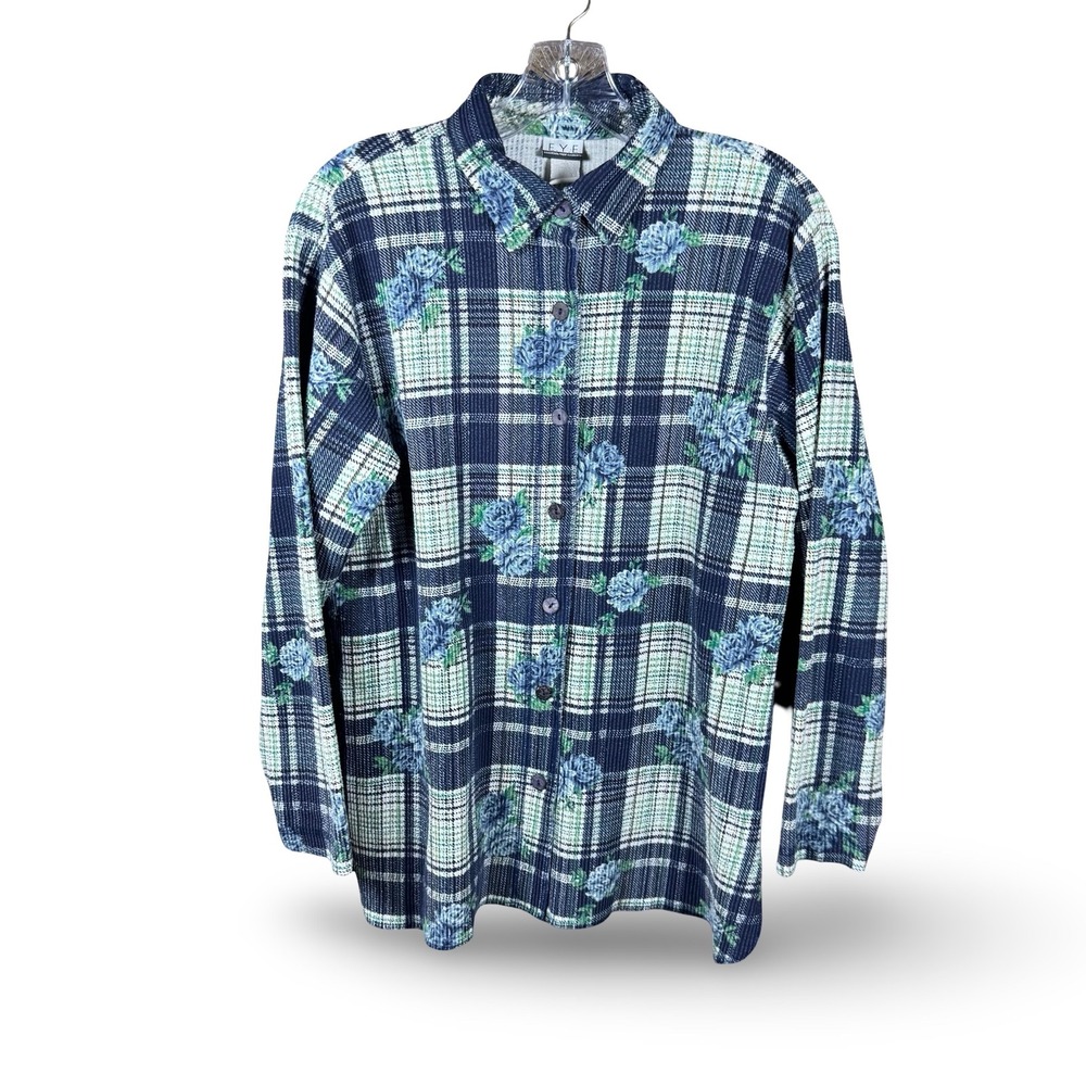 VTG Blue Plaid Floral Rib Knit Button‎ Up Shirt E.Y.E 90s Y2K Long Sleeve